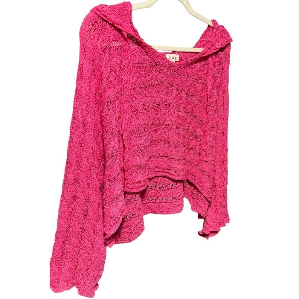 POL Hot Pink Open Knit Cropped Hoodie Sweater Boho Lace Long Sleeve Top NEW - Picture 13 of 14